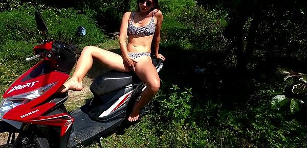  Perfect girl play with tight pussy outdoor on rental motorbike - PassionBunny.art